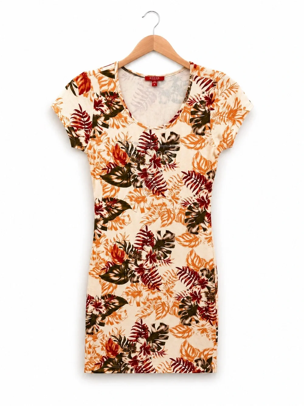 Guess Tropical Scoop Neck Swim Cover-Up in Cream with Orange & Green Leaves